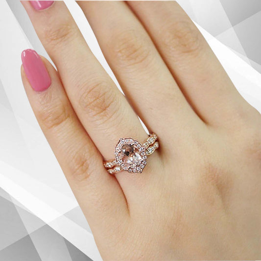 2.50Ct Morganite Diamond Halo Bridal Engagement Ring 18Ct Rose --