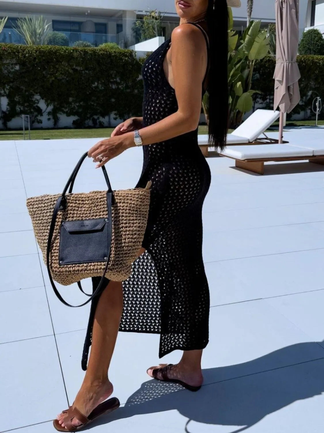 Openwork Slit Scoop Neck Sweater Dress